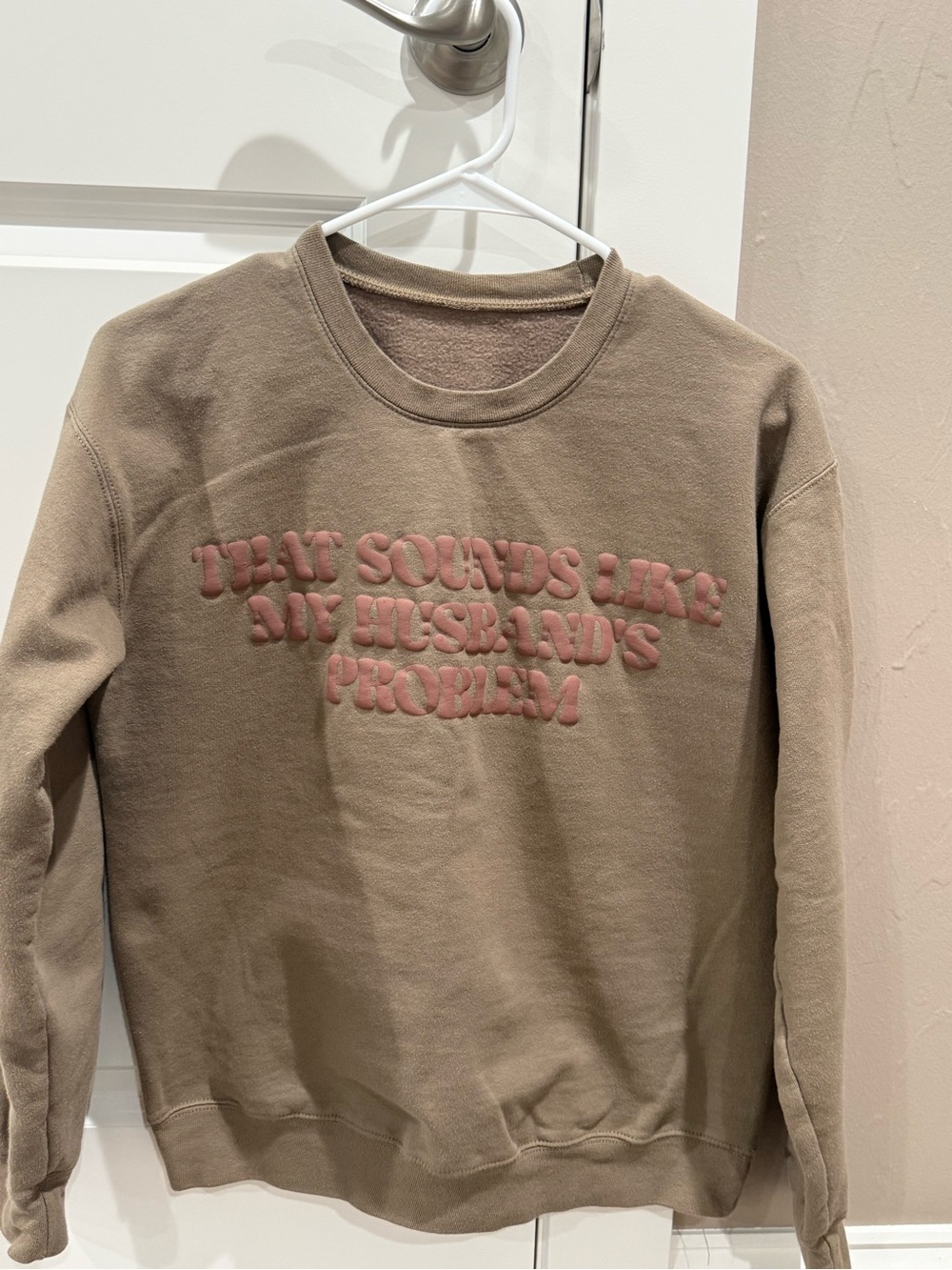 Taupe Crewneck Sweatshirt with Pink Puff Text